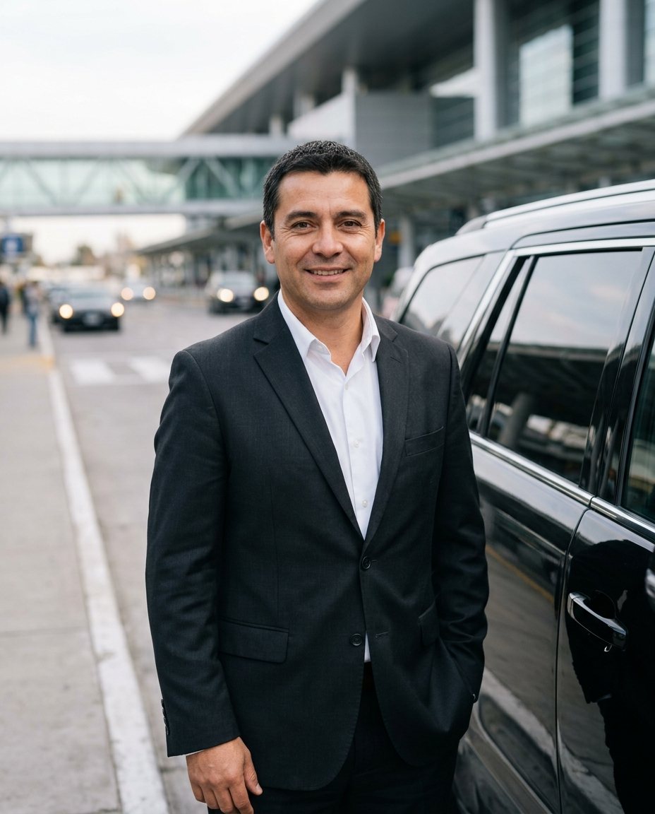 Conductor de Viaje Aeropuerto junto a un SUV negro