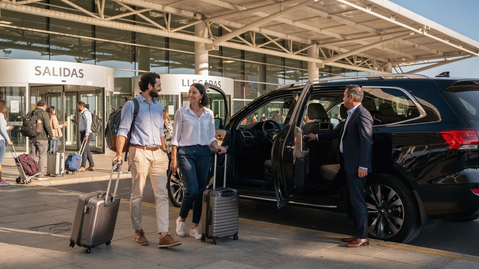 Ejecutivos subiendo a un SUV negro en el aeropuerto