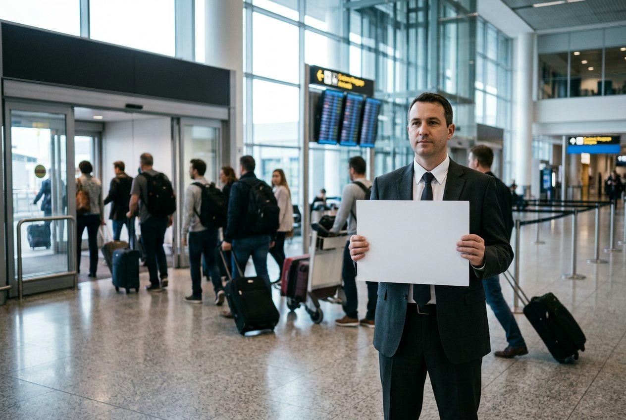 Conductor de Viaje Aeropuerto esperando con un cartel con el nombre del pasajero
