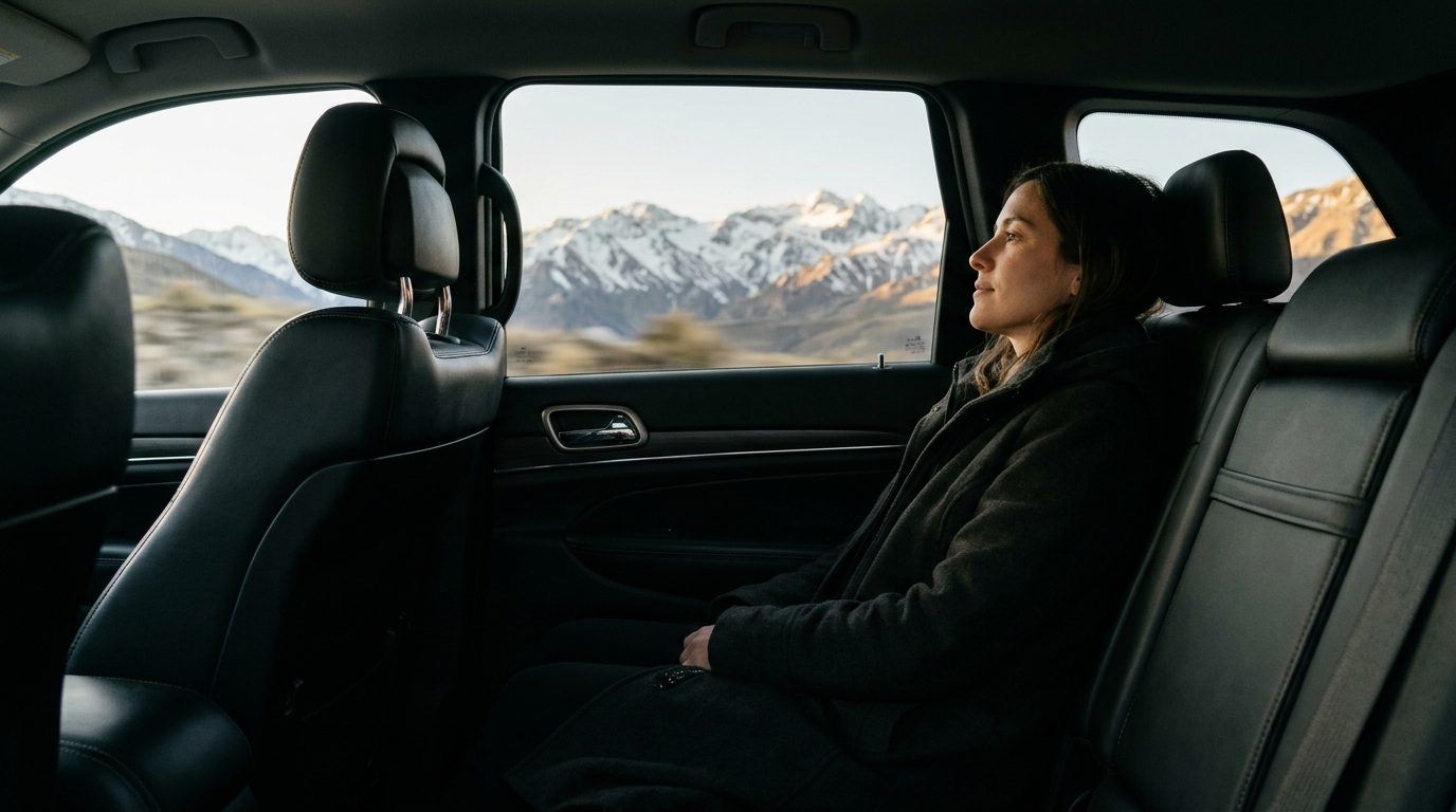 Pasajera descansando en el asiento trasero con la cordillera de fondo