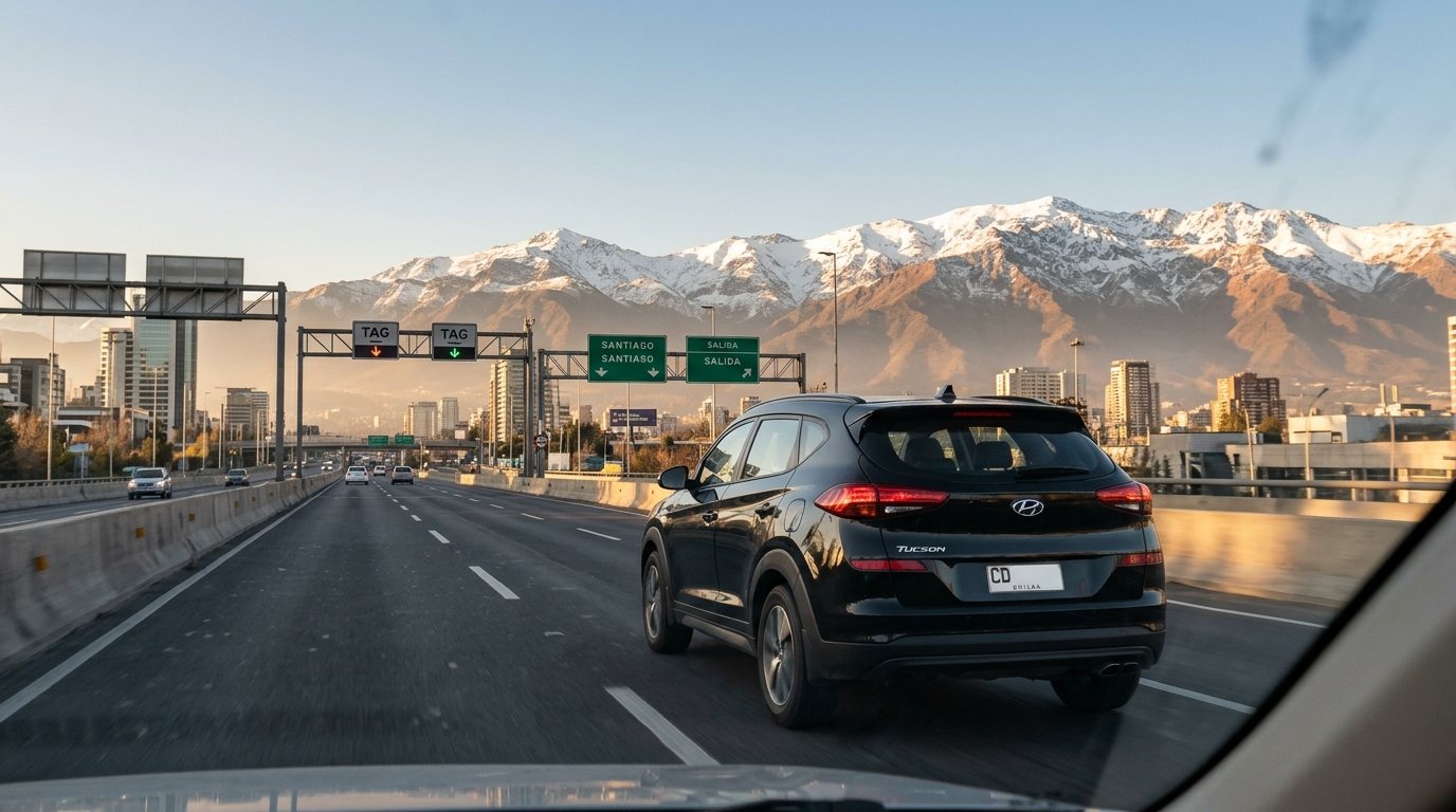 SUV negro en autopista de Santiago con la cordillera al fondo