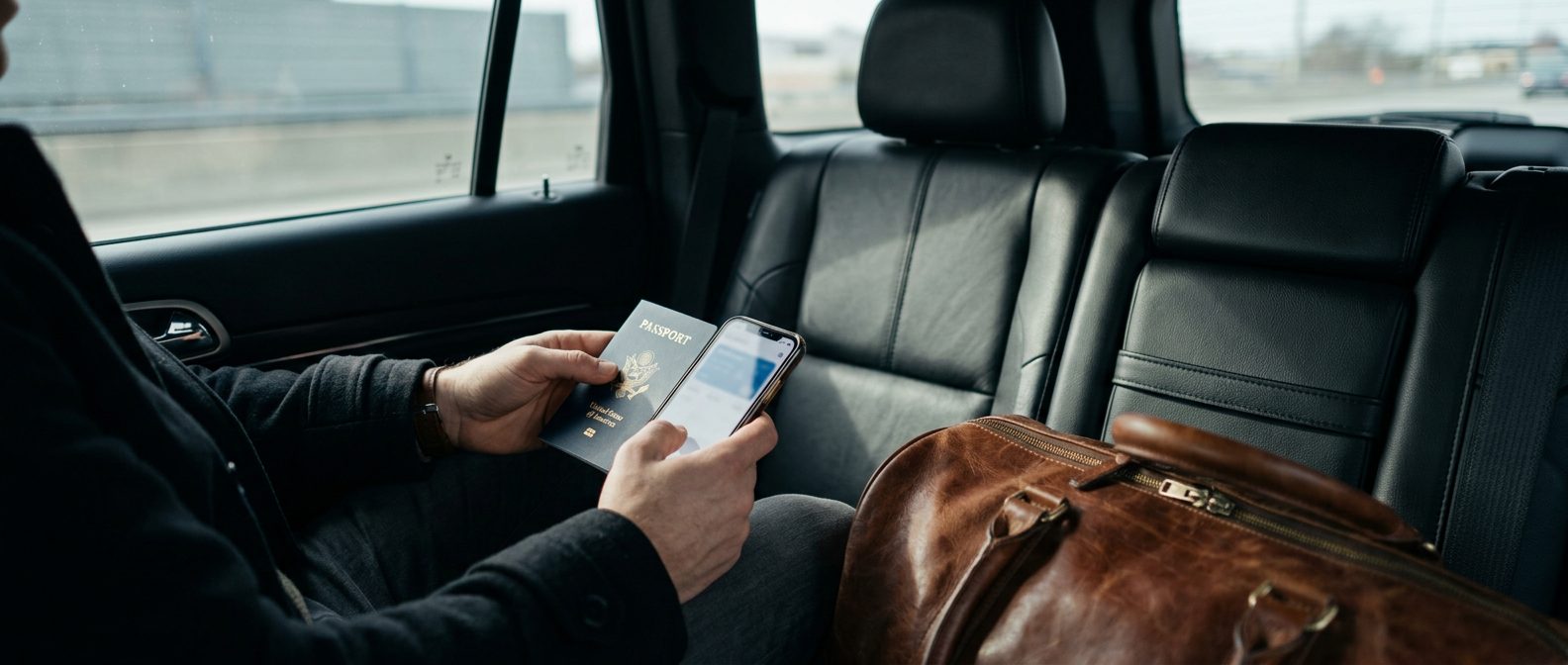 Pasajero con pasaporte y teléfono en el asiento trasero