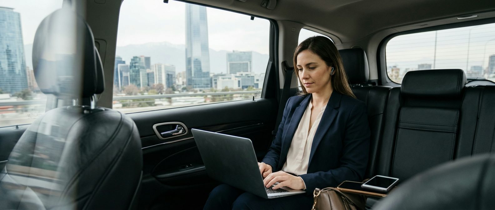 Ejecutiva trabajando con su notebook en el asiento trasero, con Santiago de fondo
