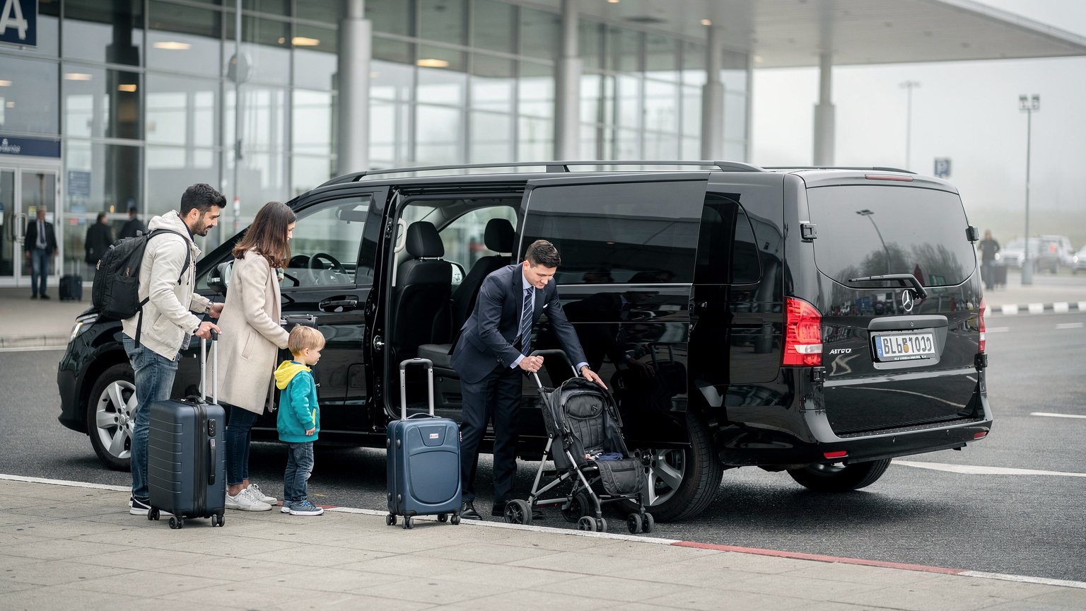 Familia subiendo equipaje a una van negra